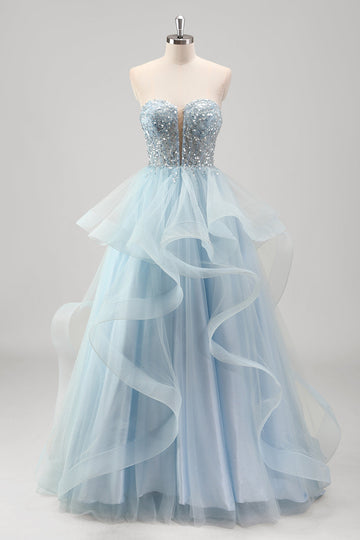 Robe de bal plissée en tulle à paillettes scintillantes sans bretelles avec manches amovibles